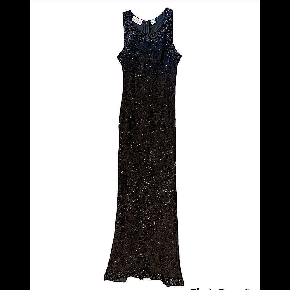 Laurence Karzar Stunning New York Beaded Embroidered Black Formal w Back Slit SM